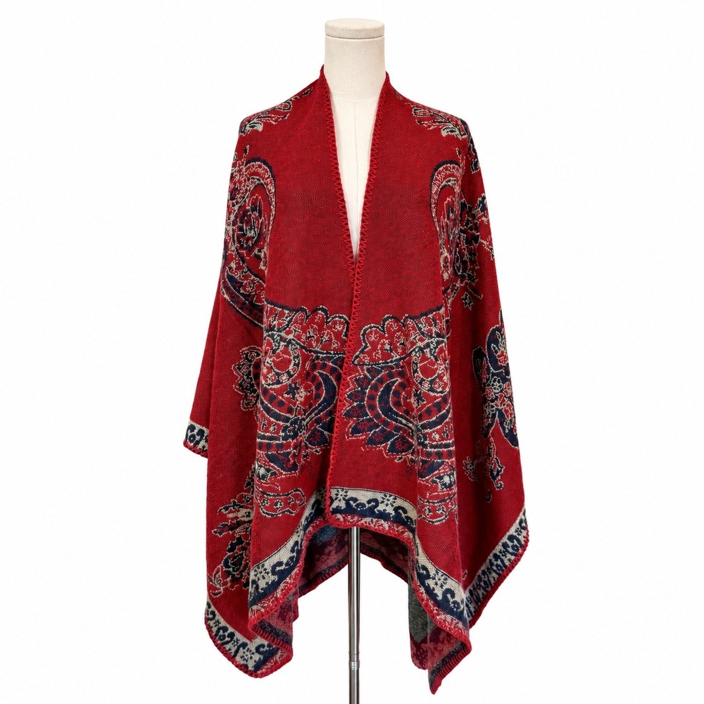 Le Moda Red Paisley Ruana Wrap Poncho Cape One Size Boho